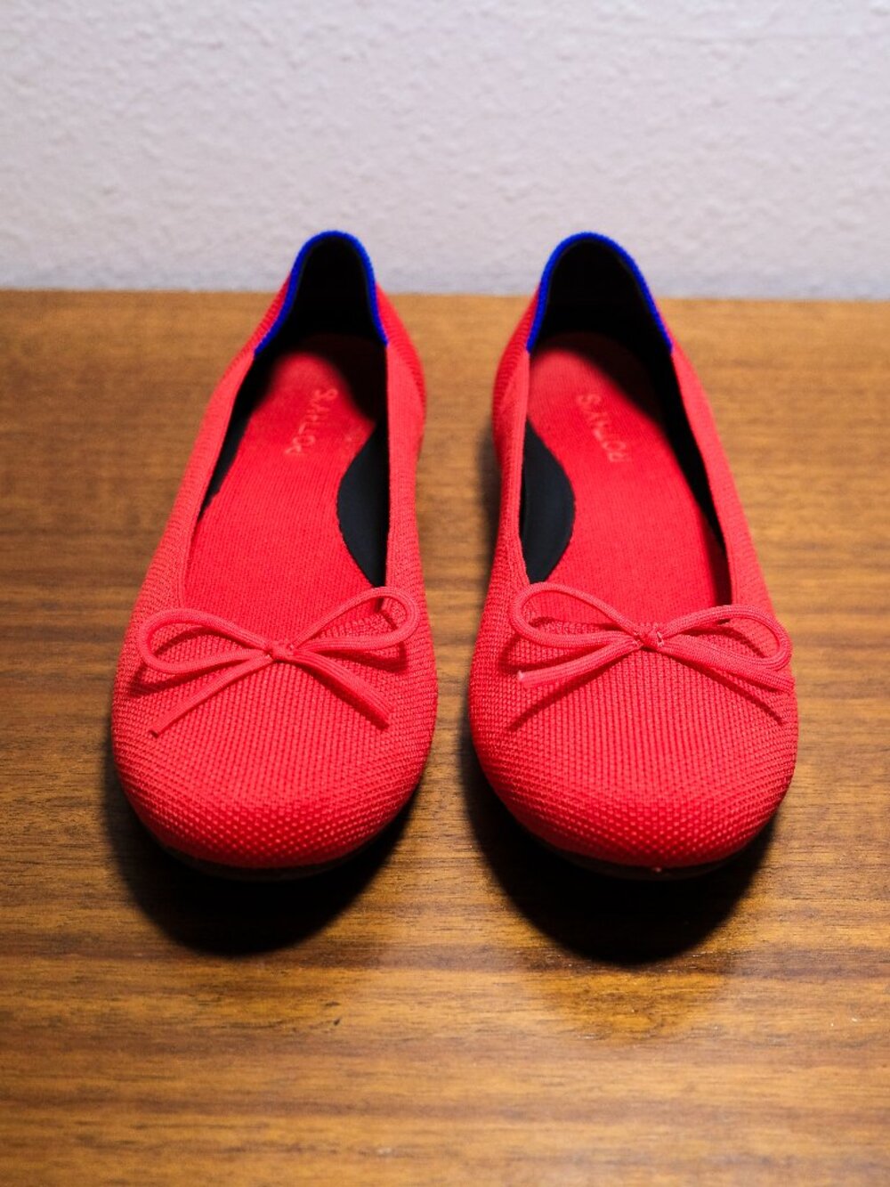 Rothy's Red Knit Ballet Flats with Blue Trim